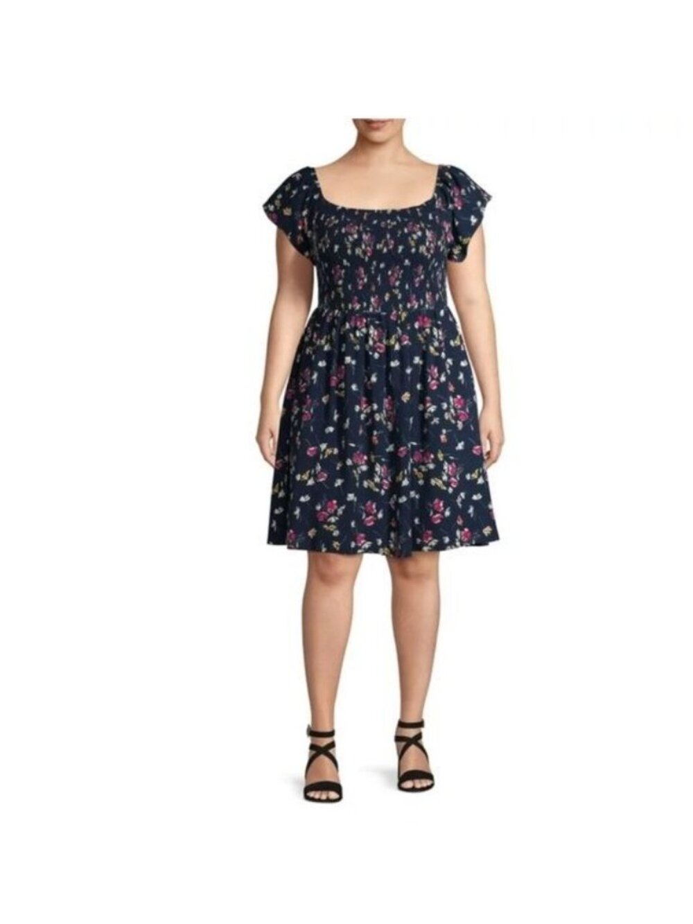 Terra & Sky Womens Plus Size 3X Floral Smocked Midi Dress With Ruffle Sleeves -